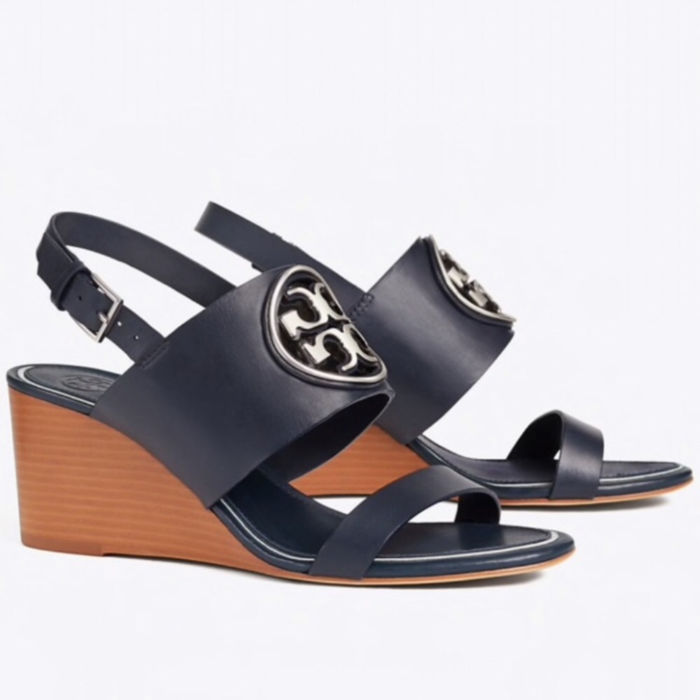 Tory Burch Dark Navy Leather Logo Wedge Sandals